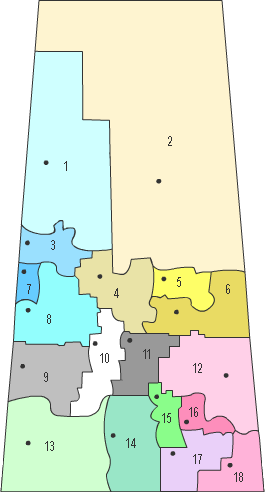 Map of Saskatchewan divided into regions